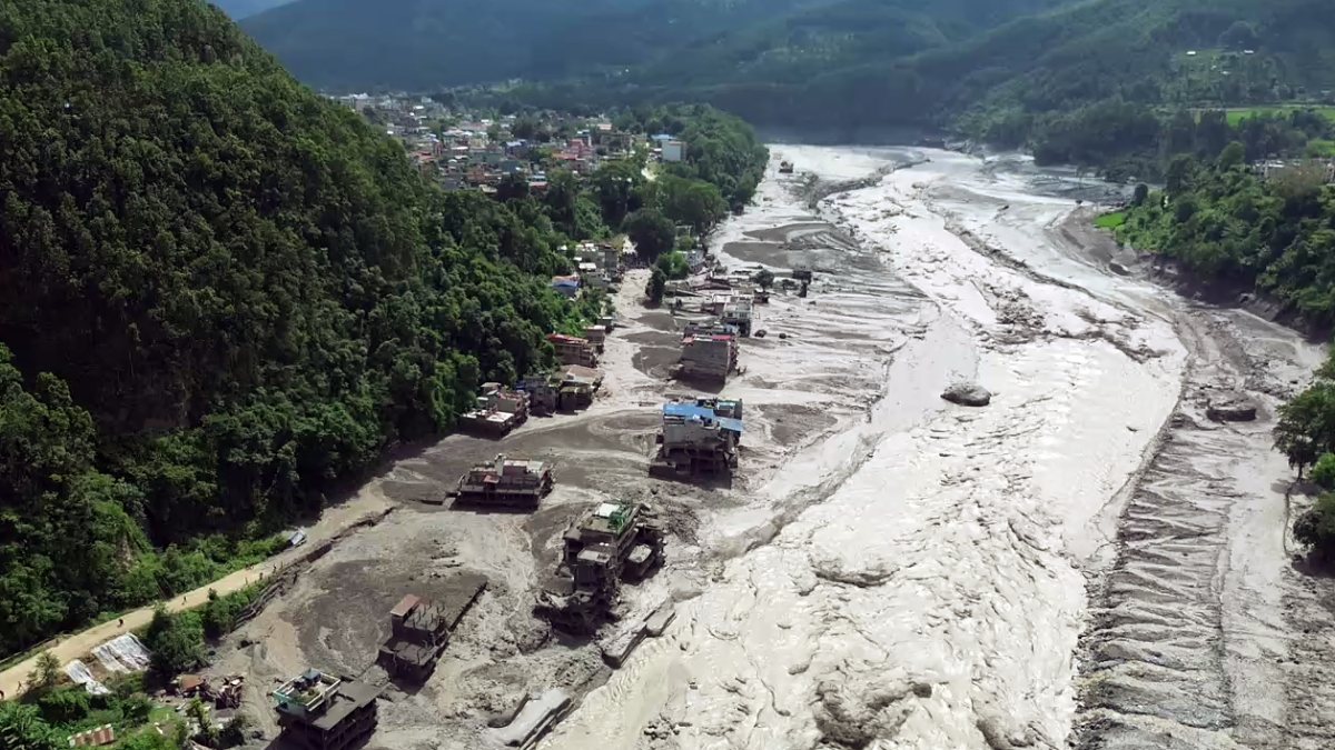 Aerial view shows mud-laden flash flood in Rasuwa