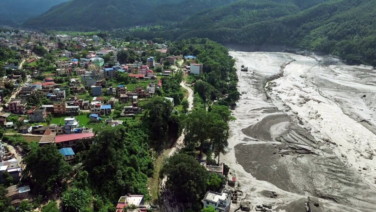 Aerial view shows mud-laden flash flood in Nepal's Rasuwa