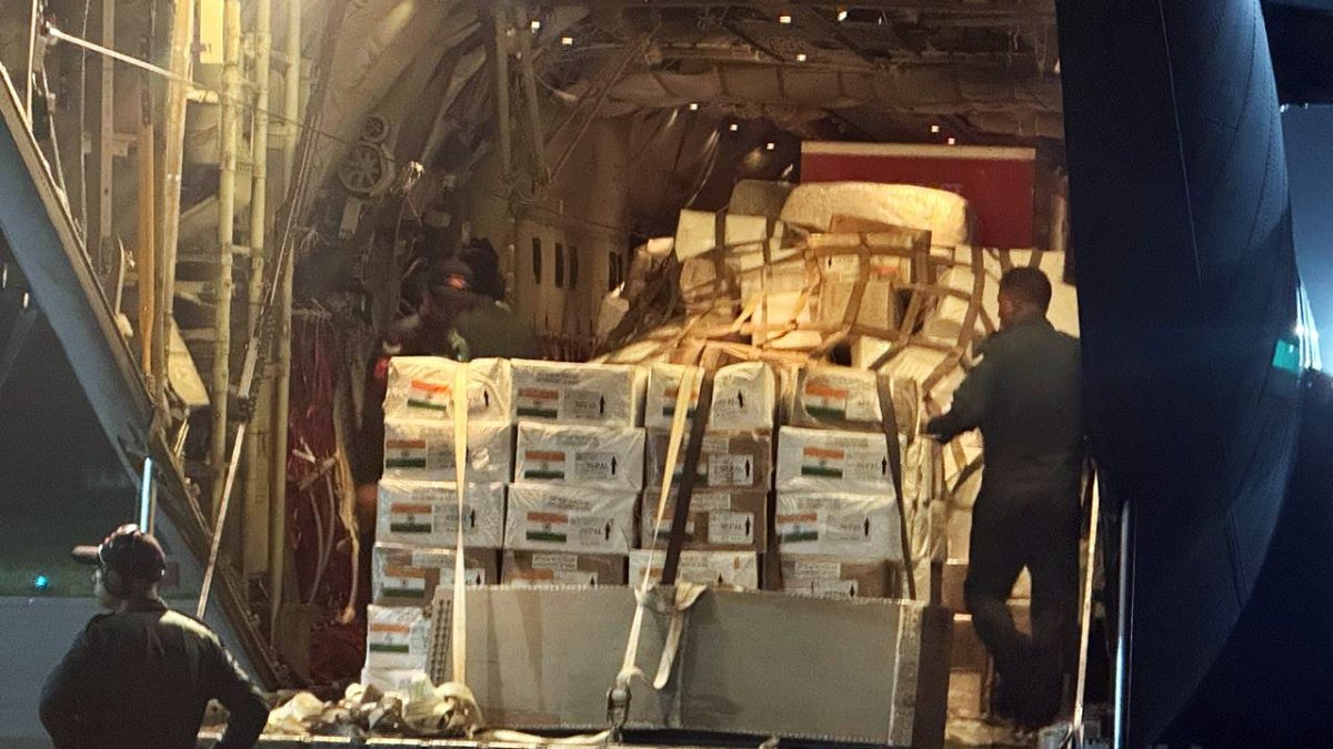 IAF C-130J loads relief supplies for Nepal flood aid