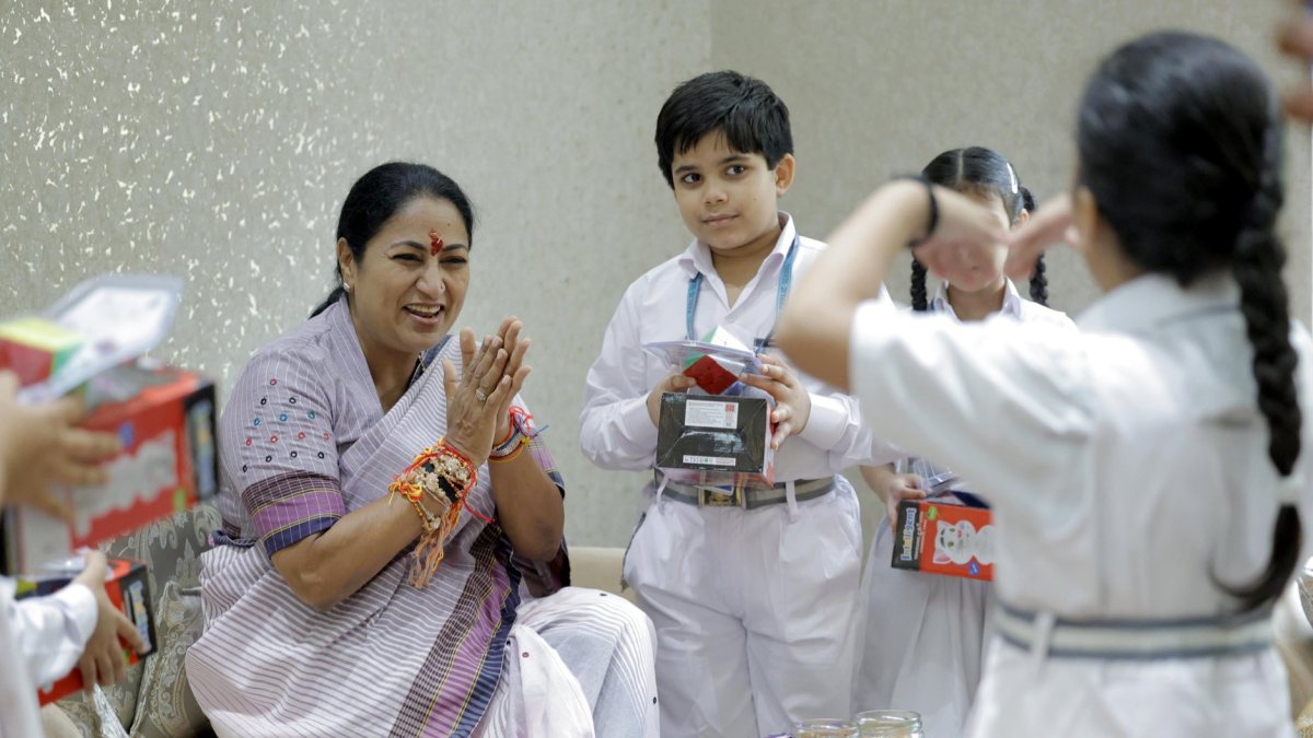 Delhi CM Rekha Gupta celebrates Raksha Bandhan with school children