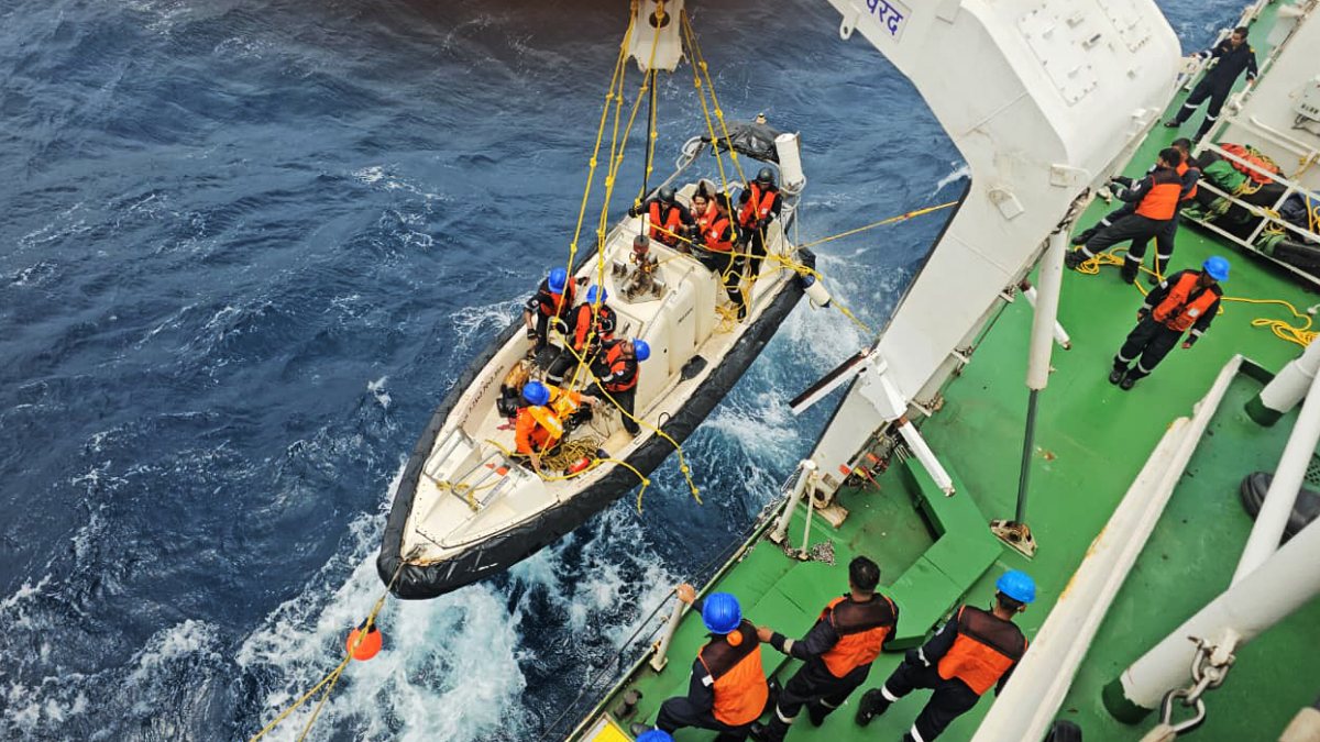 Coast Guard boat hoisted aboard ICGS Varad during rescue ops