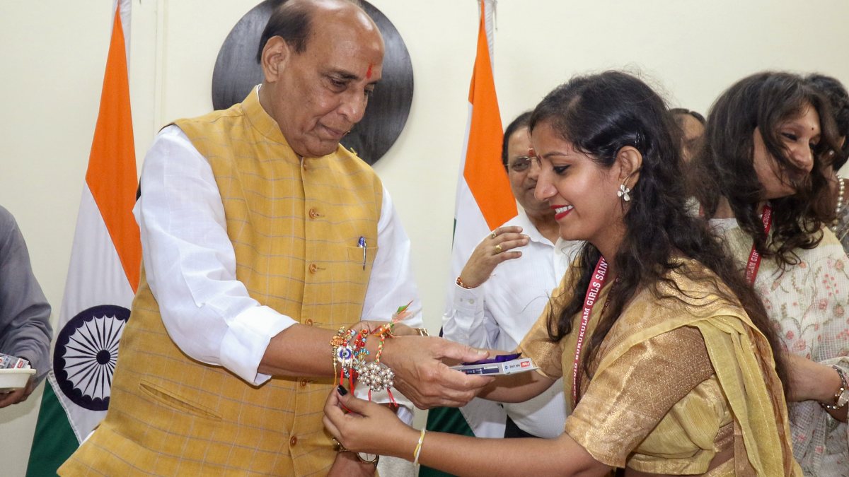 Rajnath Singh celebrates Raksha Bandhan with NCC cadets in Delhi