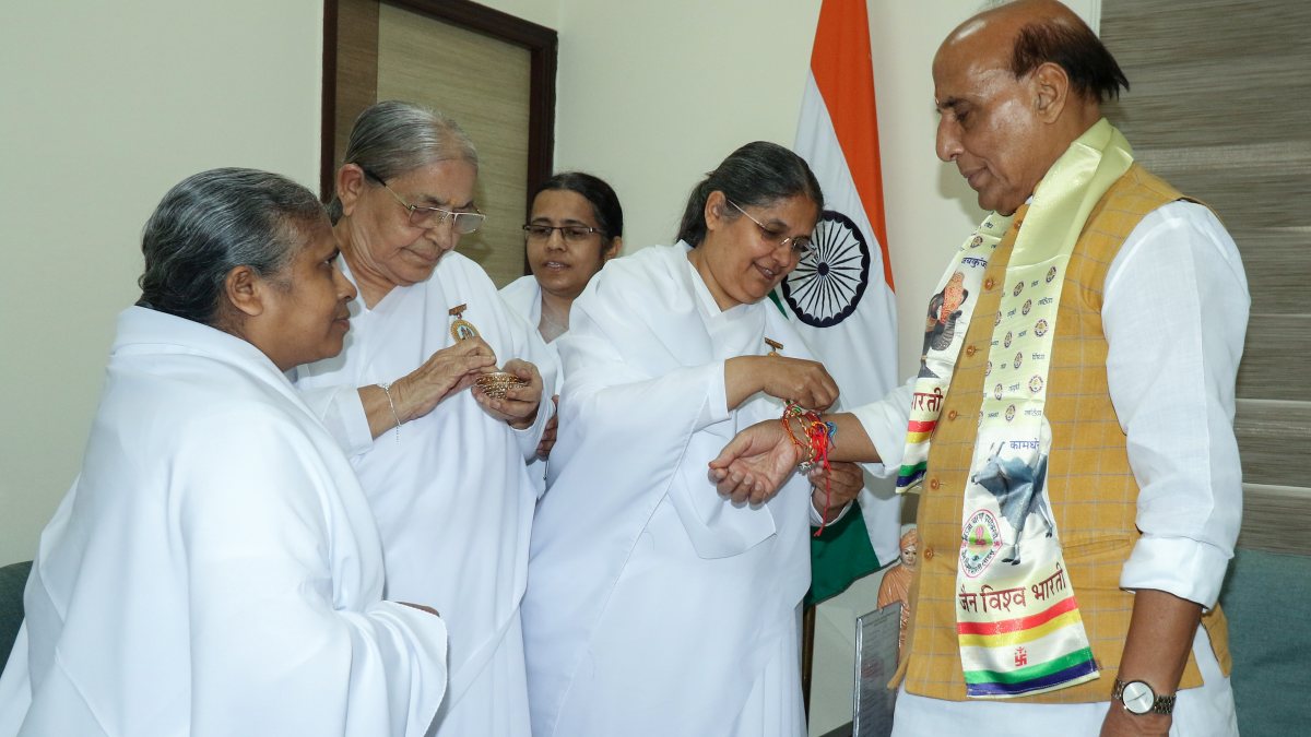 Rajnath Singh receives Rakhi from Brahma Kumaris on Raksha Bandhan