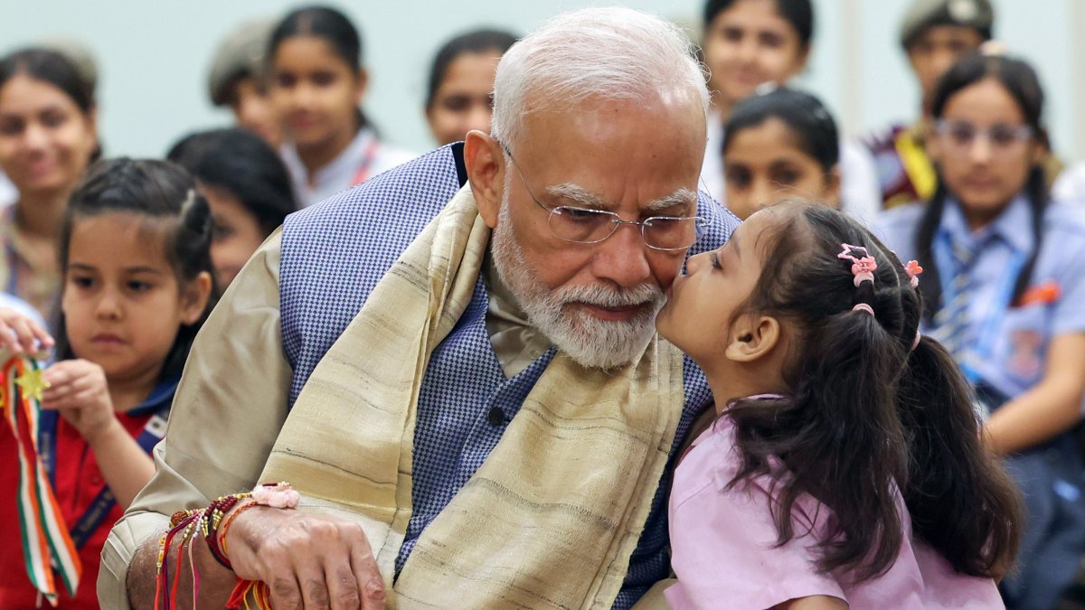 PM Modi receives Rakhi from school children in Delhi