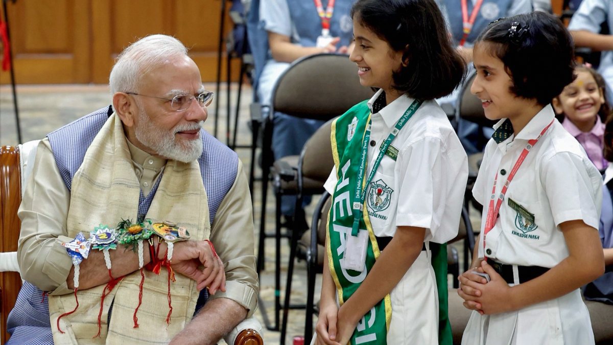 PM Modi celebrates Raksha Bandhan with school children in Delhi