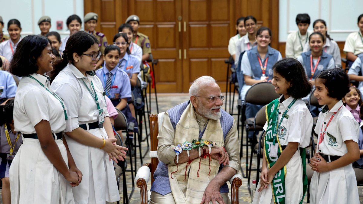 PM Modi celebrates Raksha Bandhan with school students in Delhi