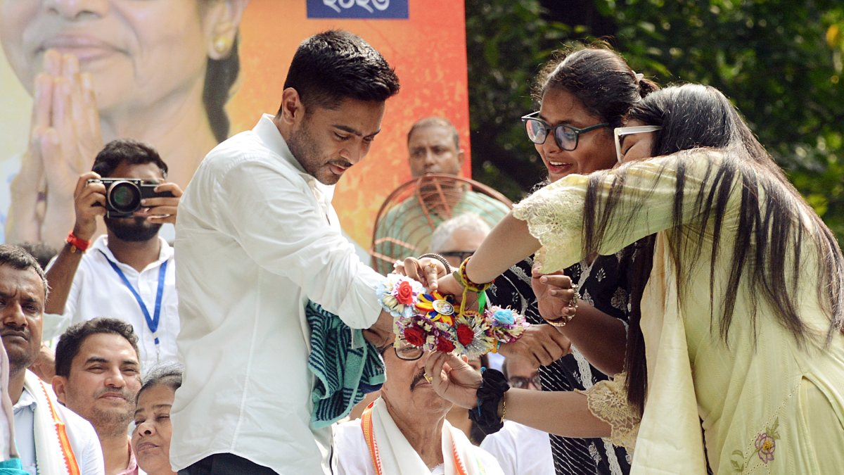 TMC MP Abhishek Banerjee gets rakhis tied at party event in Kolkata
