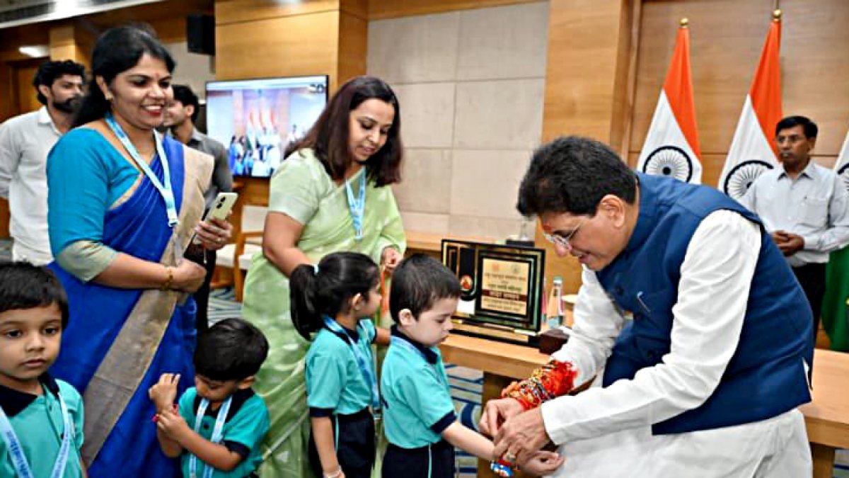 Piyush Goyal celebrates Raksha Bandhan with school children in Delhi