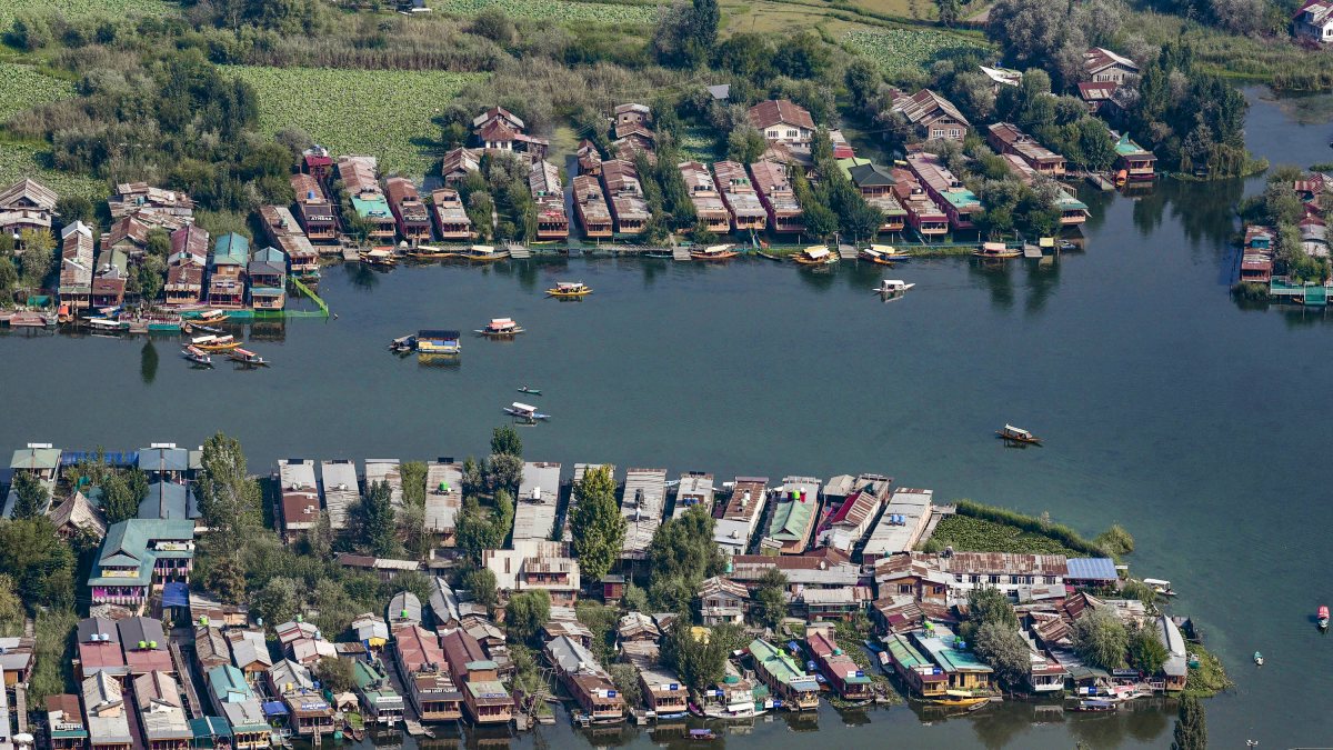 Aerial view captures houseboats on Dal Lake in Srinagar