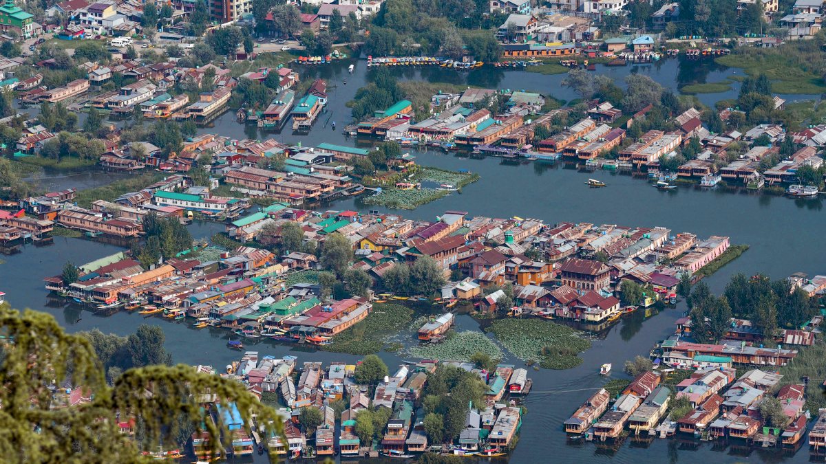 Aerial view captures houseboats on Dal Lake in Srinagar