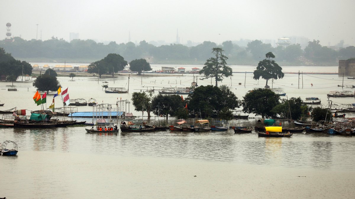 Boats anchored as Ganga swells after heavy rain in Prayagraj