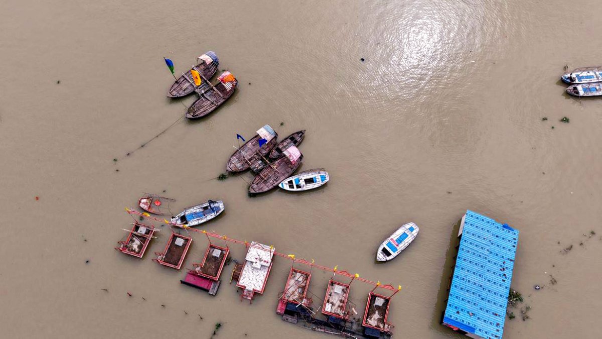 Aerial view shows boats amid swollen Ganga-Yamuna at Sangam