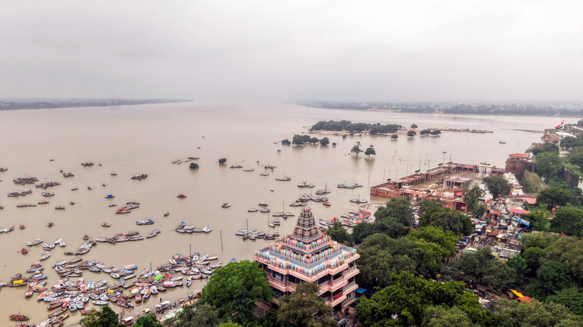 Aerial view shows boats amid swollen Ganga in Prayagraj