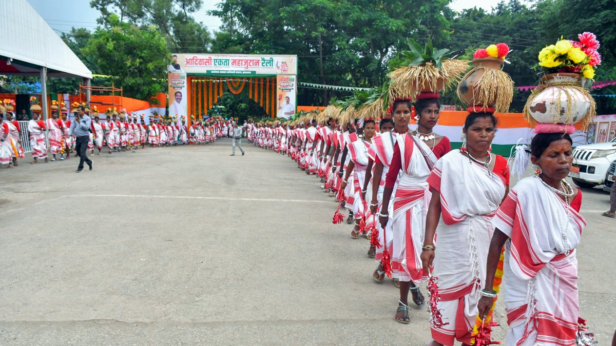 Adivasi tribal women perform at massive gathering in Ranchi