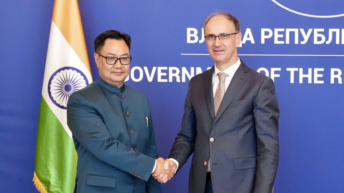 Kiren Rijiju meets Serbia PM Duro Macut in Belgrade