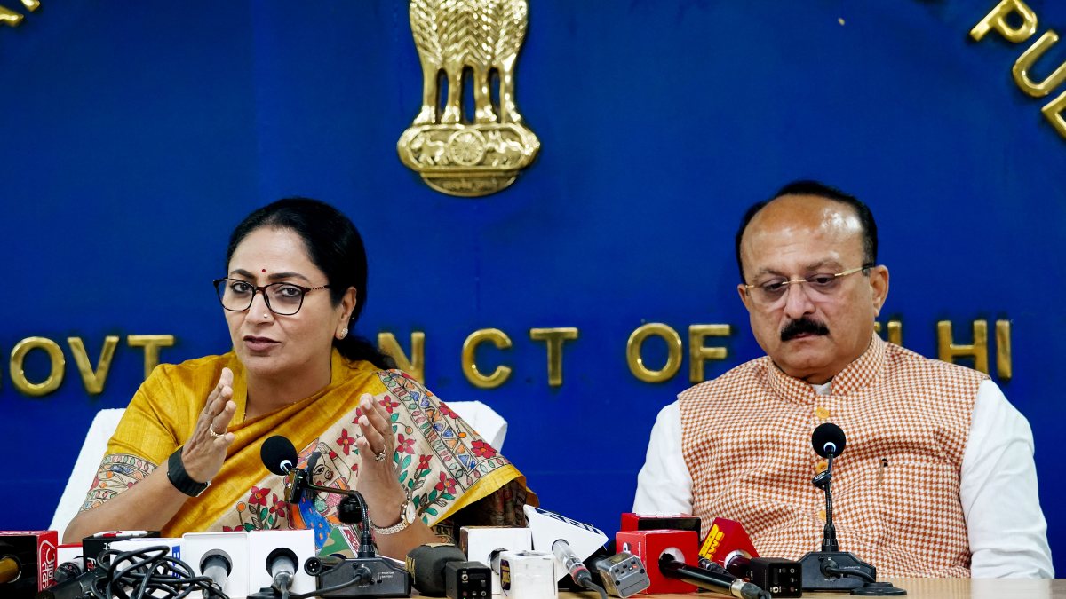 Delhi CM Rekha Gupta addresses press conference at Secretariat