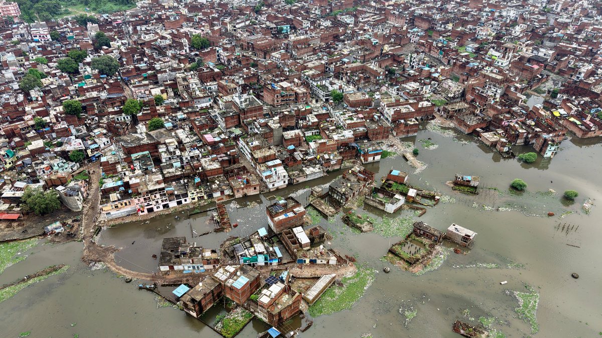 Aerial view shows inundated Sangam as Ganga, Yamuna swell