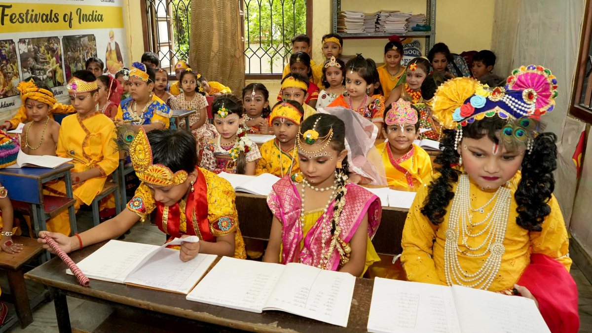 Students dress as Lord Krishna ahead of Janmashtami in Patna