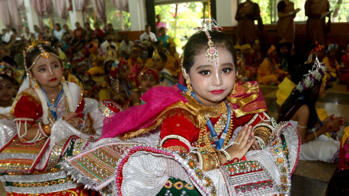 Children in Radha costumes rehearse for Janmashtami in Agartala
