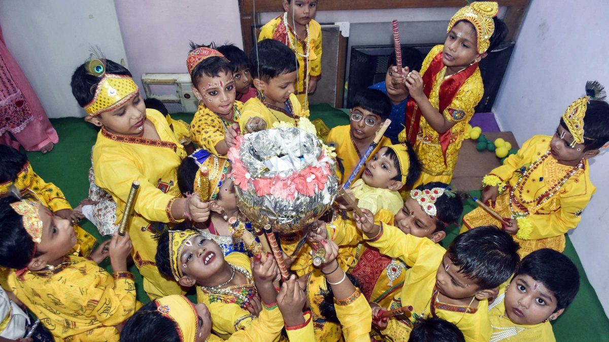 Students in Krishna costumes at Janmashtami event in Patna