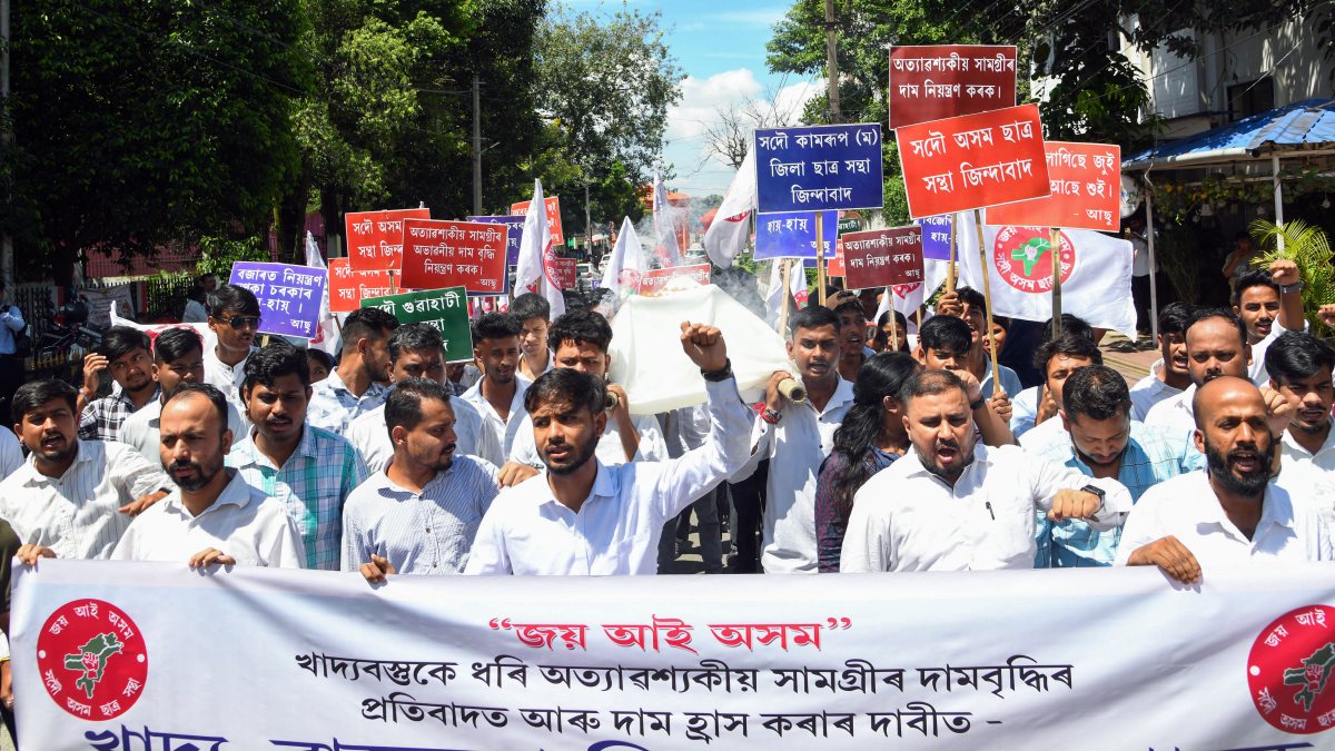 Assam students hold mock funeral protest over price hikes