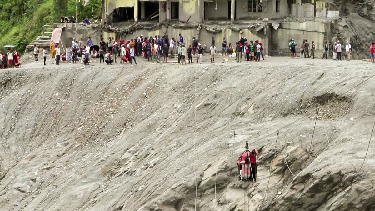 Nepal villagers use makeshift zip line after flash flood