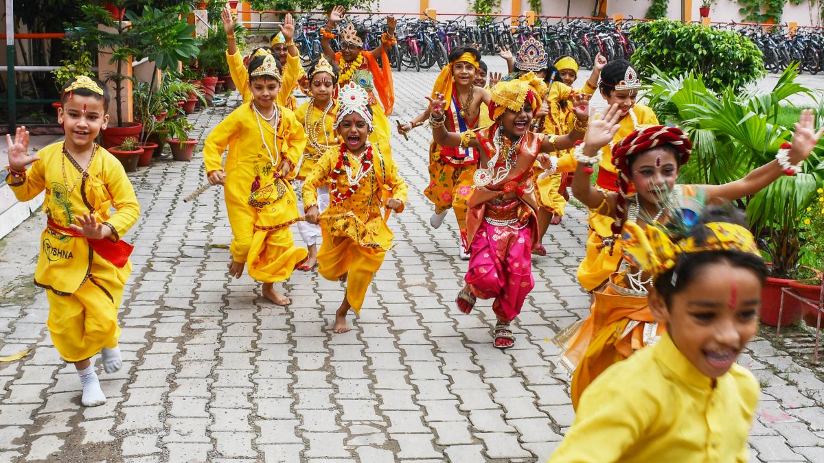Children in Krishna costumes celebrate Janmashtami eve in Prayagraj
