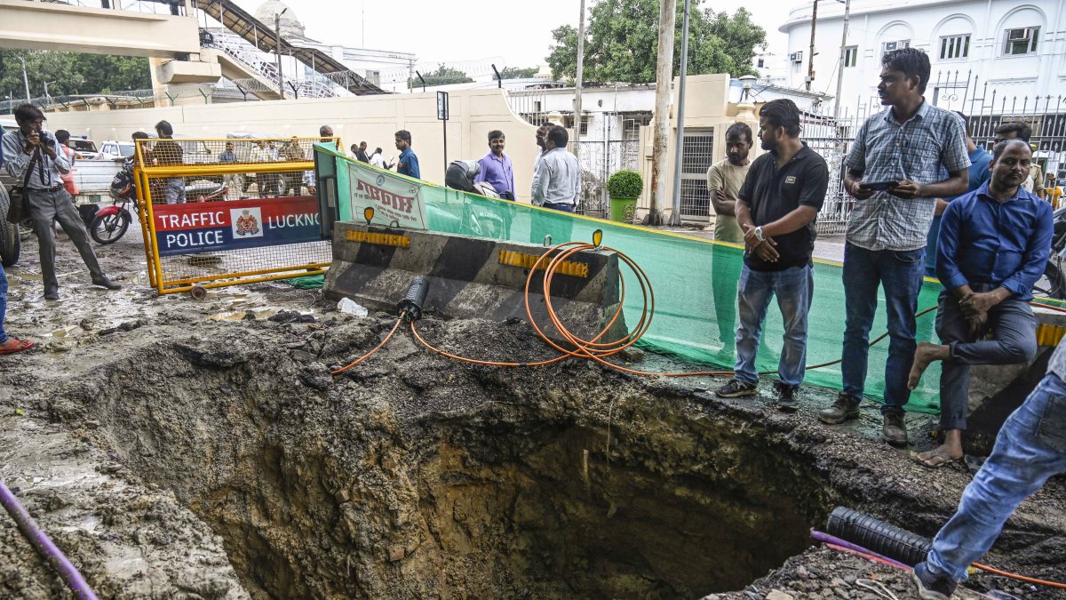 Road caves in near UP Assembly after heavy rain in Lucknow
