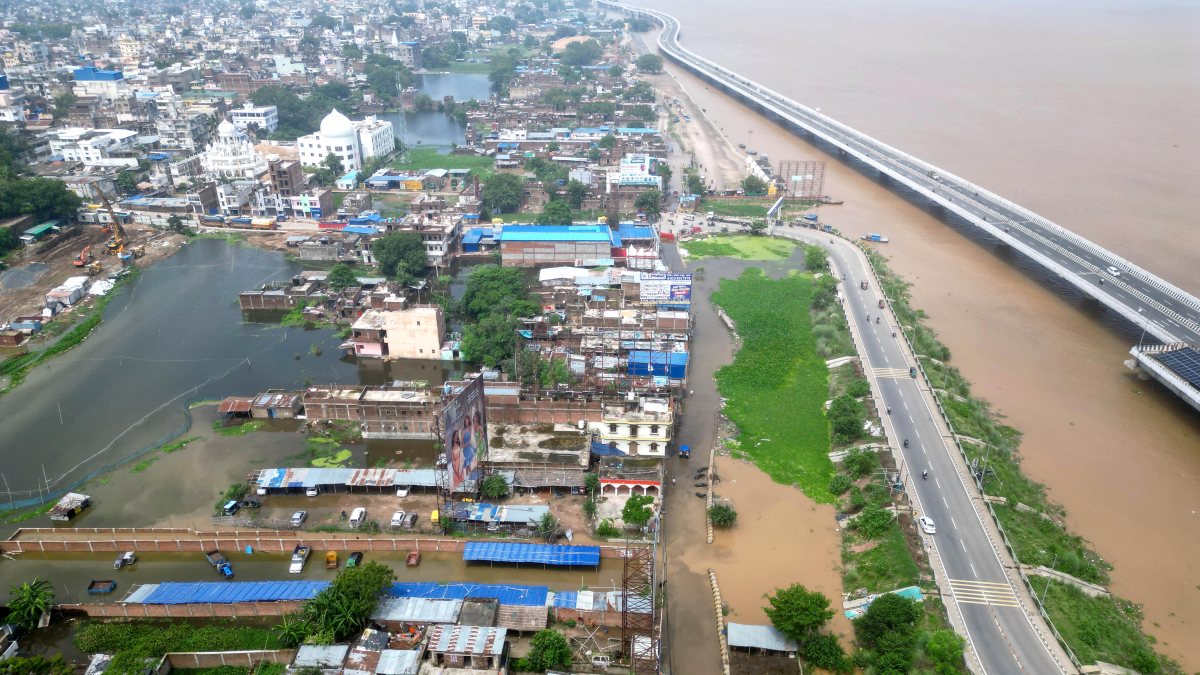 Aerial view shows Kangan Ghat submerged in Ganga floodwaters