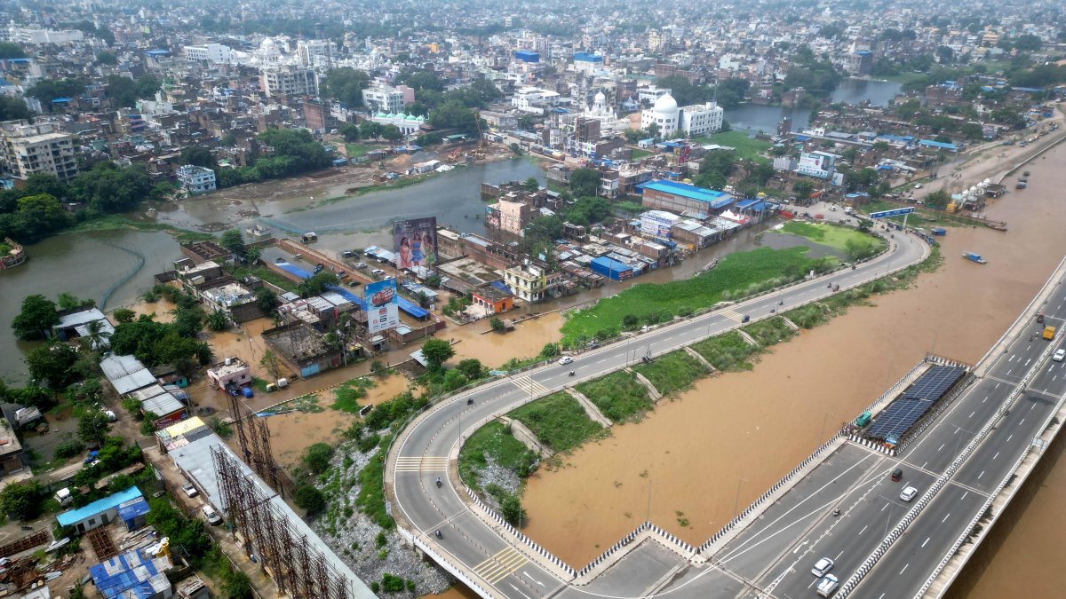 Aerial view of Kangan Ghat submerged as Ganga swells in Patna