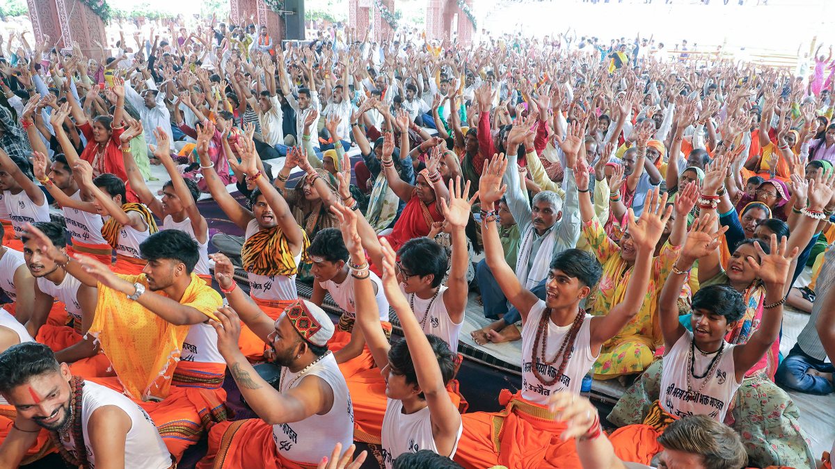 Devotees gather for Janmashtami bhajans at Krishna Janmasthan in Mathura