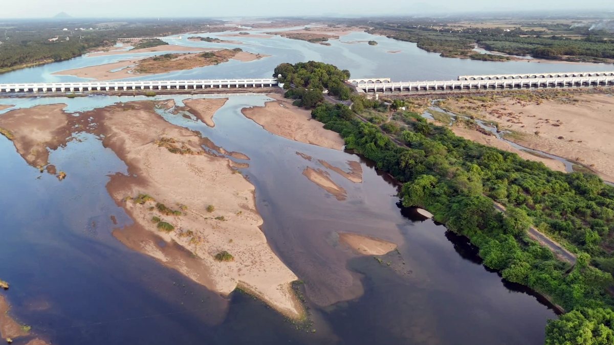 Drone view shows dry Cauvery riverbed at Mukkombu Dam