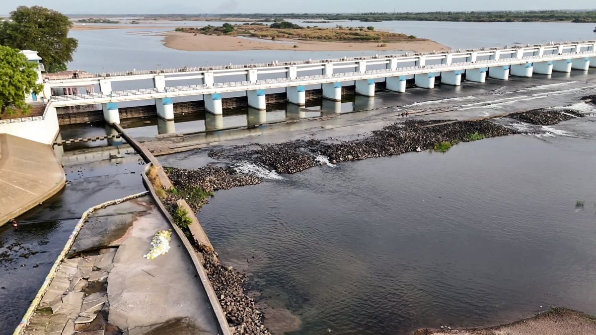 Drone view shows low Cauvery flow at Mukkombu Dam