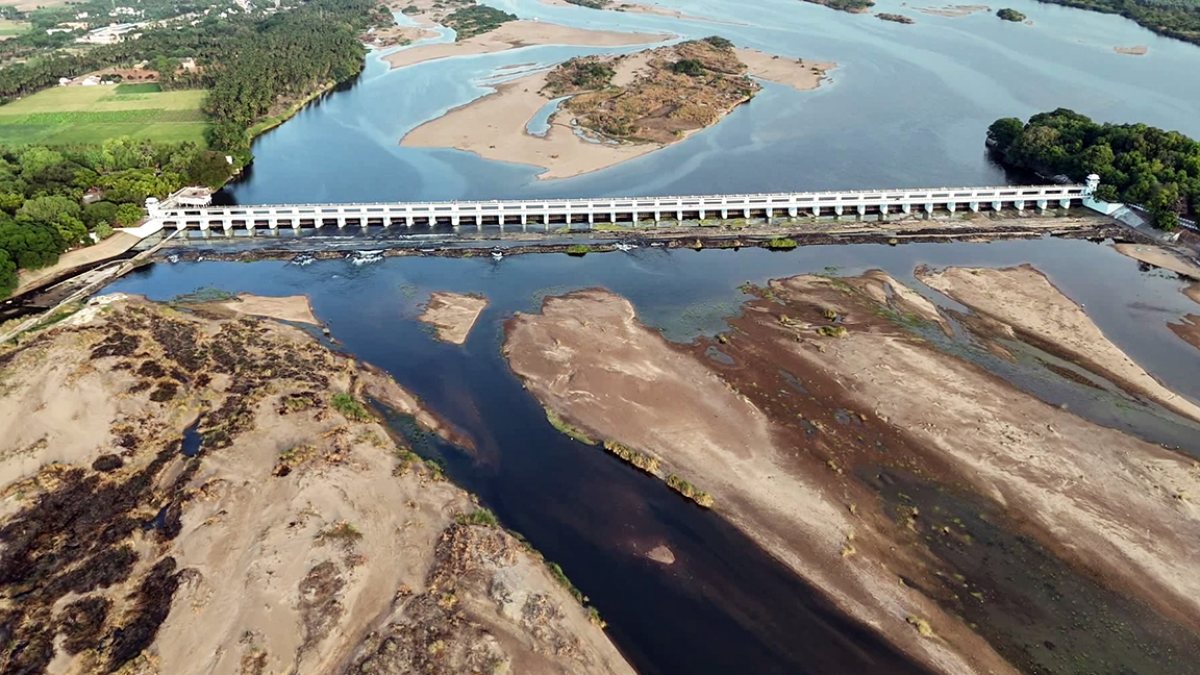 Drone visuals show low Cauvery flow at Mukkombu Dam