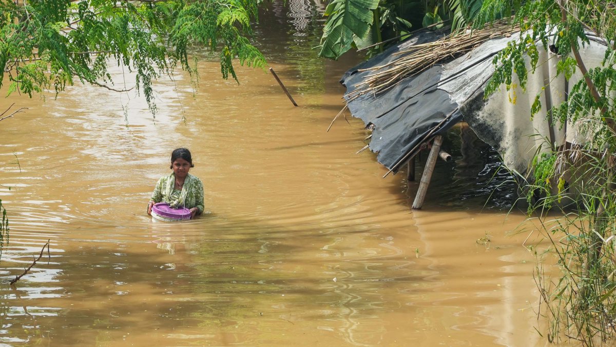Patna woman wades through floodwater after Ganga level rises