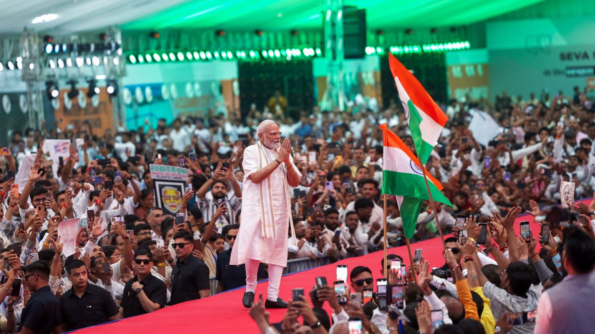 PM Modi greets crowd at NaMo for Viksit Bharat event in Vadodara