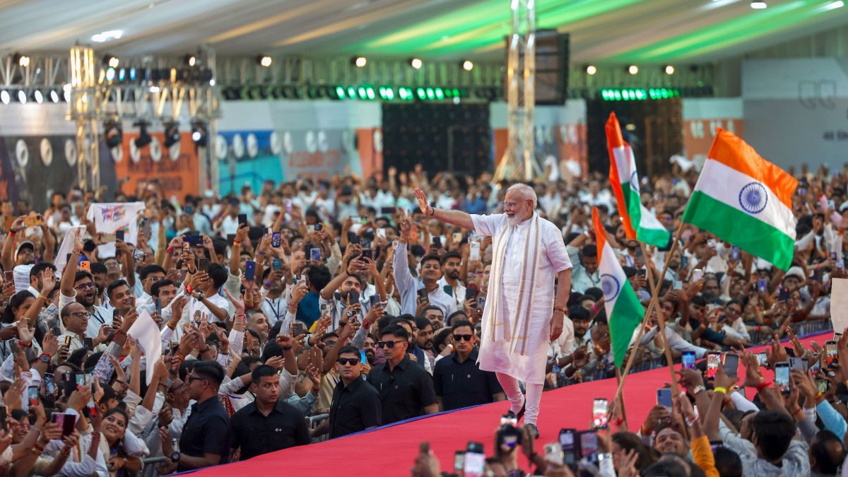 Modi waves at NaMo for Viksit Bharat event in Vadodara