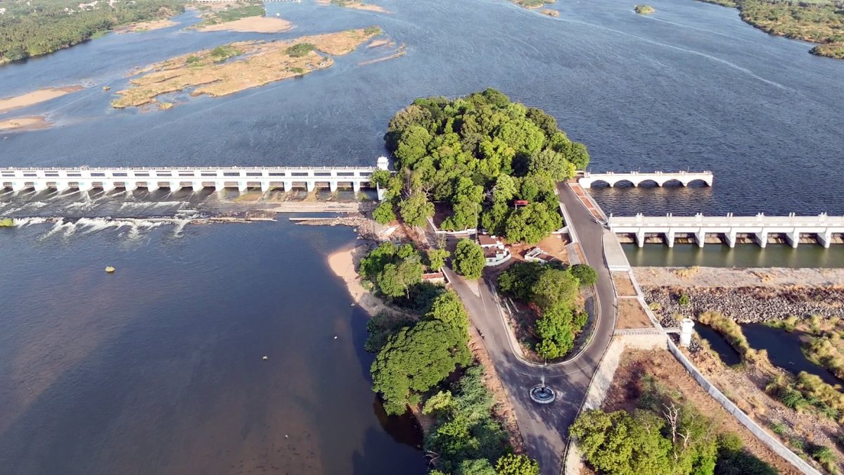 Drone view of Mukkombu Dam releasing water for Cauvery delta irrigation