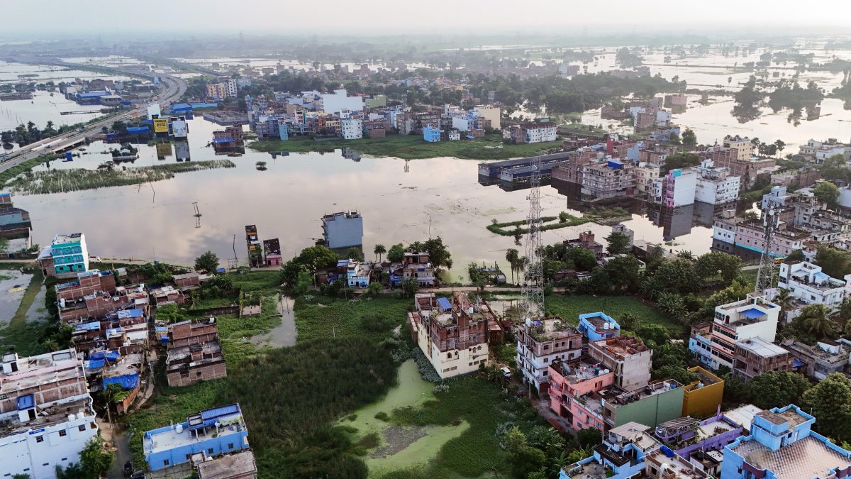 Aerial view shows Punpun area submerged after river rises