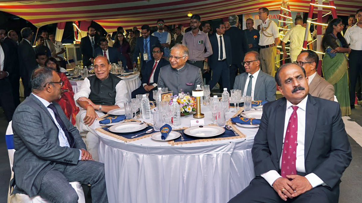 Rajnath Singh attends deck reception on INS Udaygiri in Colombo