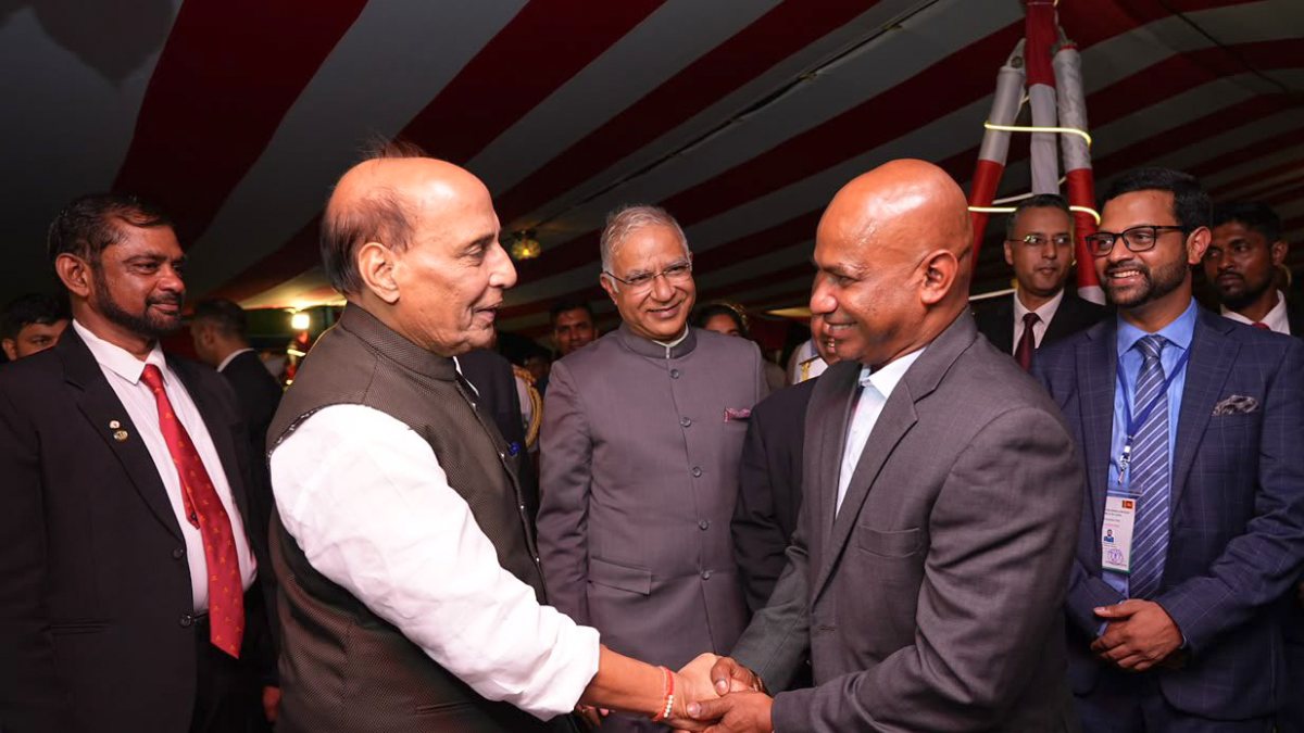 Rajnath Singh meets Aravinda de Silva onboard INS Udaygiri in Colombo