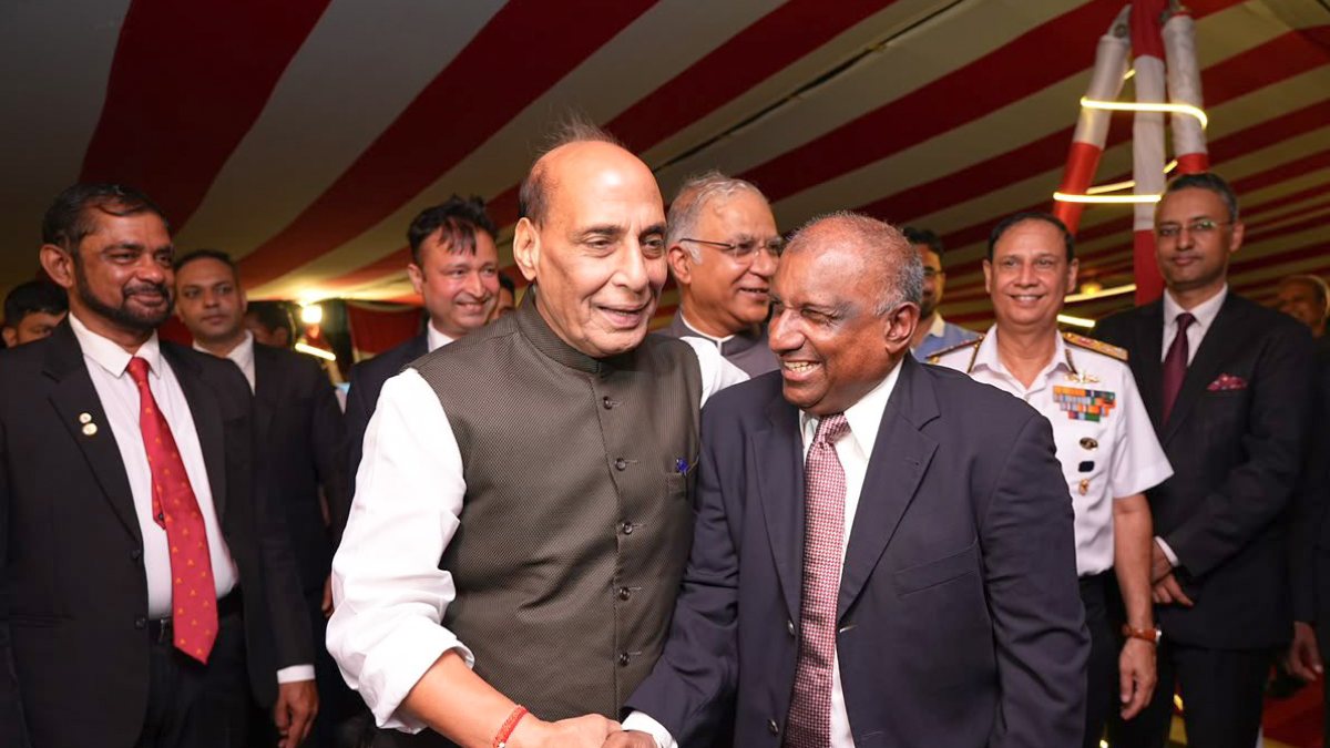 Rajnath Singh meets Aravinda De Silva onboard INS Udaygiri in Colombo