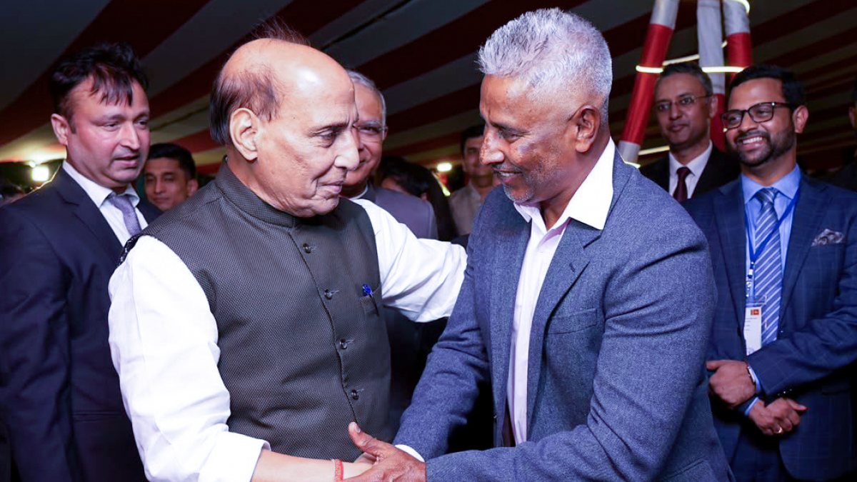 Rajnath Singh meets Chaminda Vaas onboard INS Udaygiri in Colombo