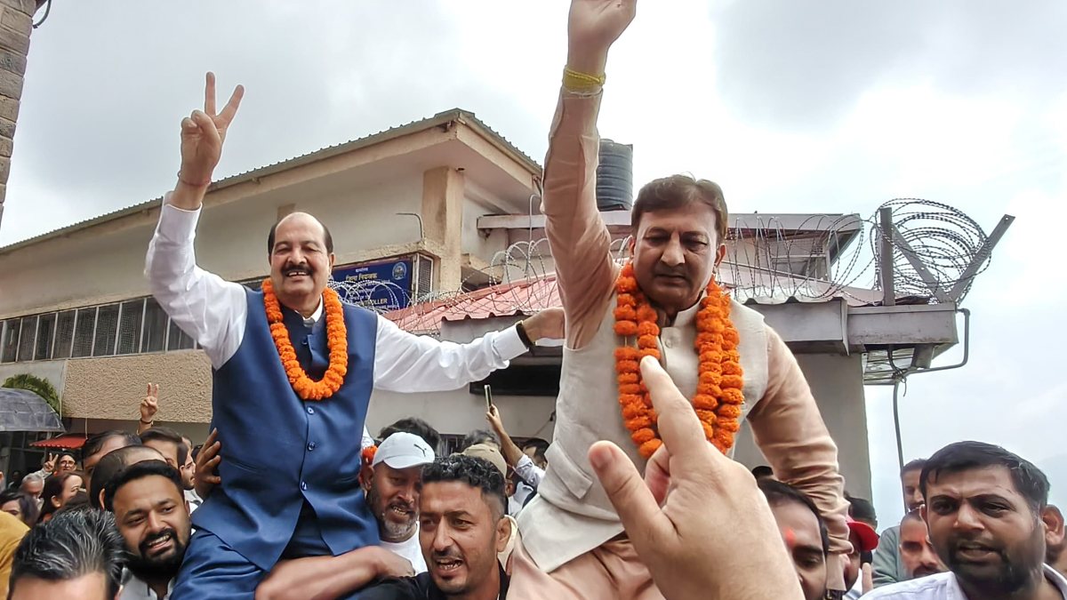 BJP workers celebrate Zila Parishad election win in Shimla