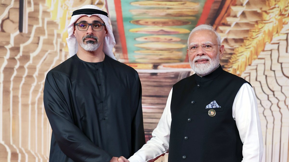 PM Modi and Abu Dhabi crown prince shake hands at BRICS summit