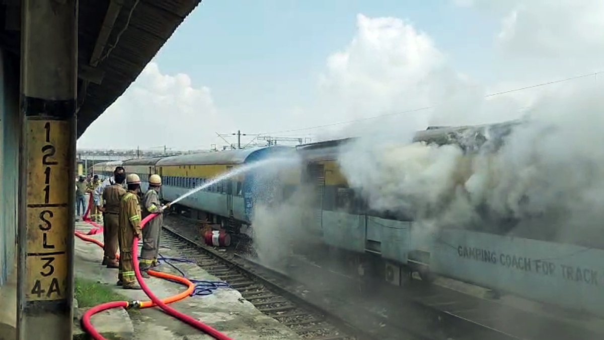 Firefighting underway after fire in train coach at Shikohabad station