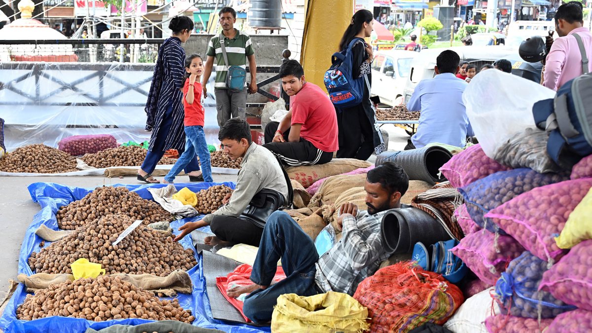 Farmers sell walnuts at Mandi market