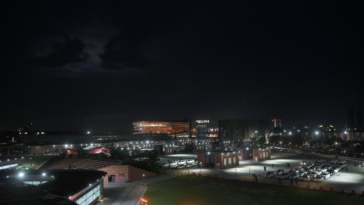 Bharat Mandapam illuminated for BRICS Summit 2026 in Delhi