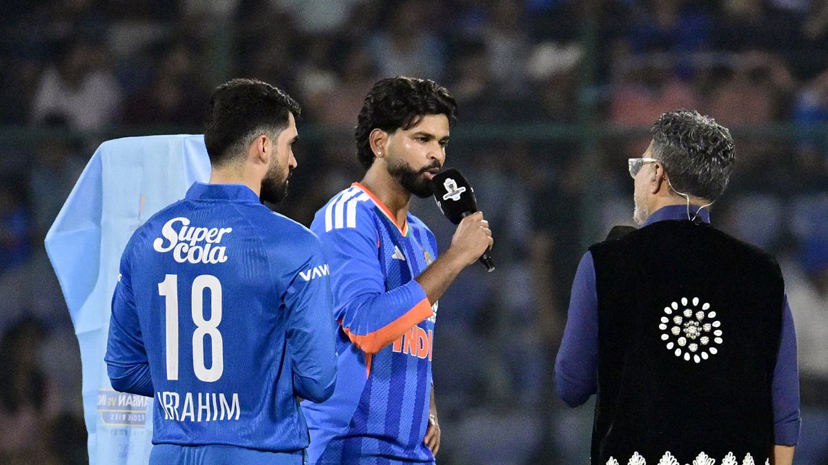 Shreyas Iyer and Ibrahim Zadran at toss for first T20I in New Delhi