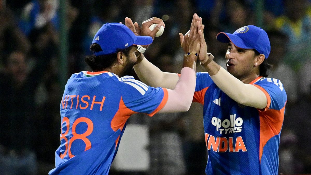 Nitish Reddy and Abhishek Sharma celebrate Gulbadin Naib wicket in 1st T20I